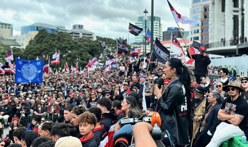 Hana-Rāwhiti Maipi-Clarke told the crowd this hīkoi was never about the bill she tore up in the House, instead it was about unity. Photo: Fox Meyer